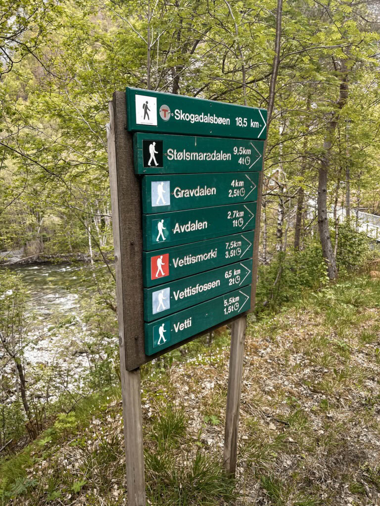 Signpost on the way to Vettisfossen waterfall