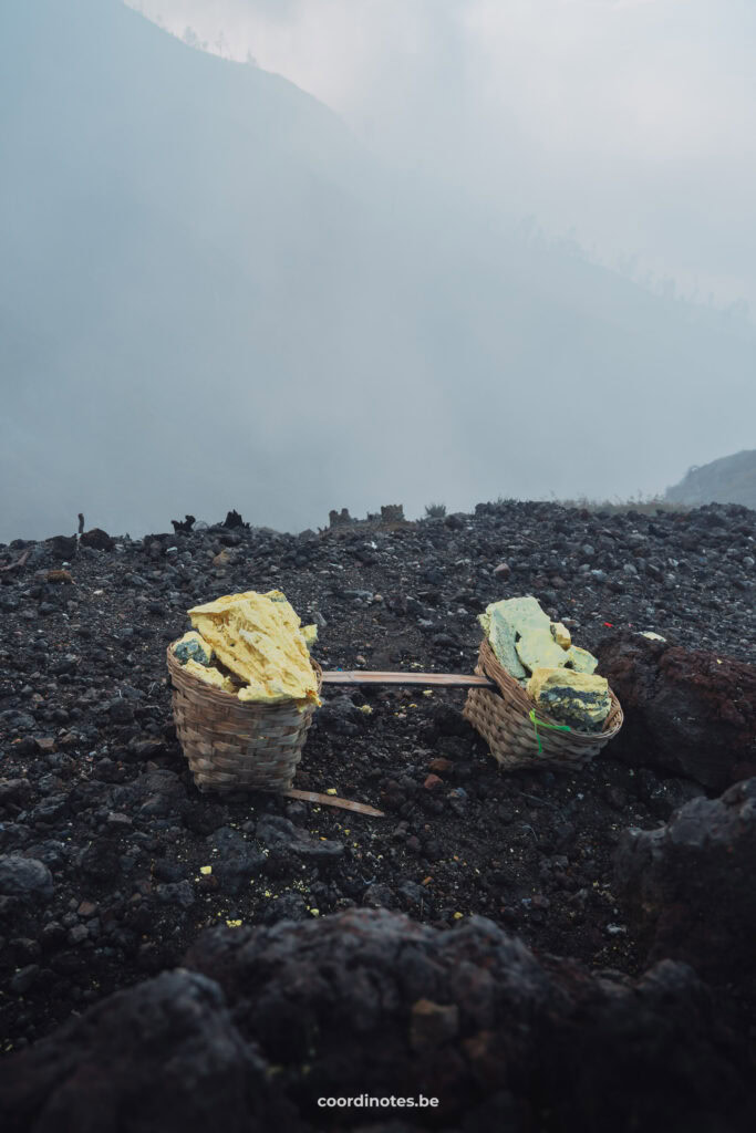 Sulphur baskets along the Kawah Ijen Hike