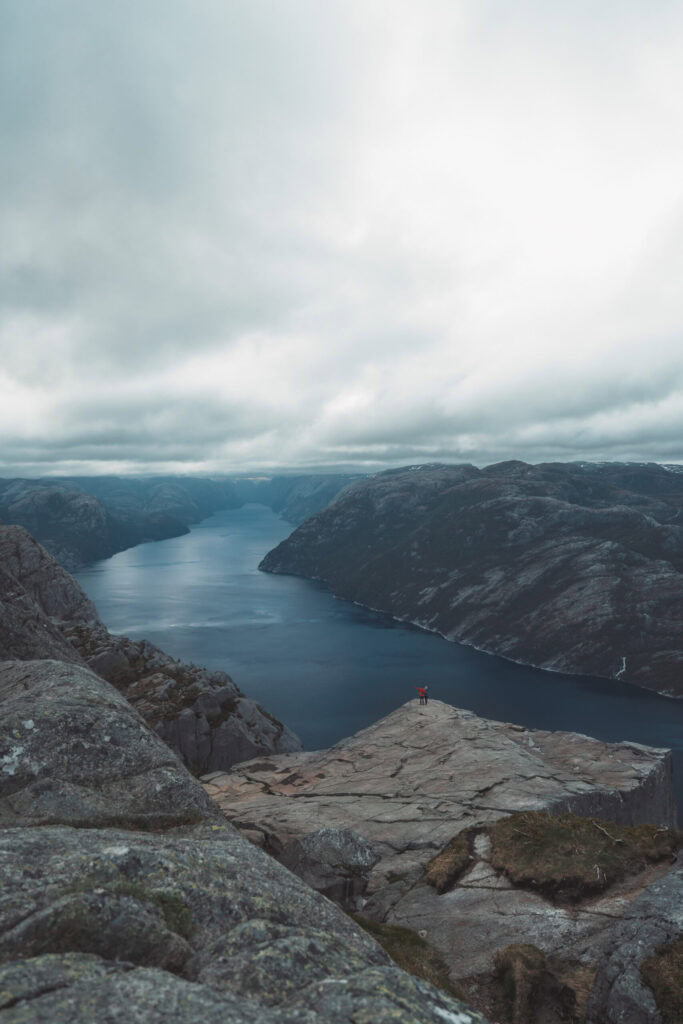View of Preikestolen cliff in Norway with Lysefjord in the background