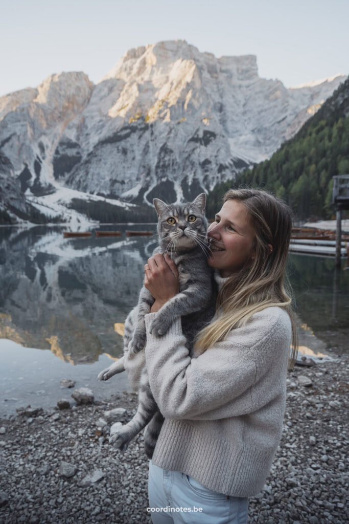 Our cat near Lago di Braies or Pragser Wildsee in the Dolomites, Italy