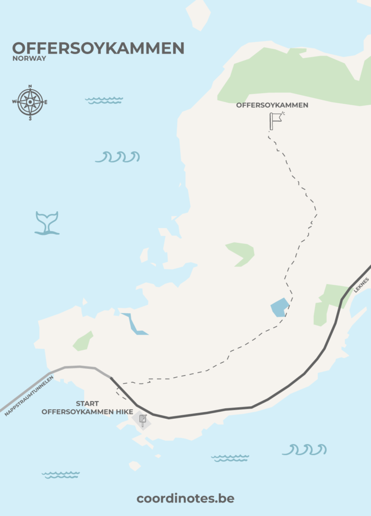 Map for the long trail of Offersøykammen hike